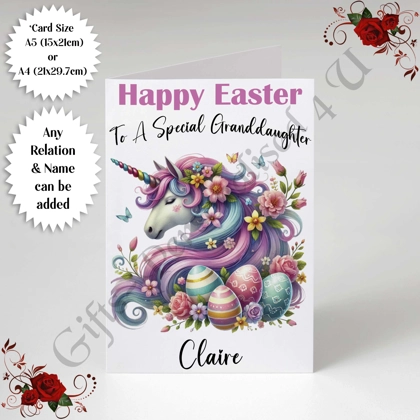 A5 or A4 Personalised Card - Happy Easter - Unicorn - Any Relation & Name - D.1