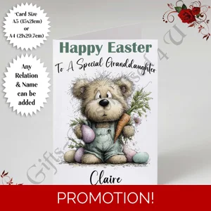 A5 or A4 Personalised Card - Happy Easter - Bear - Any Relation & Name - D.1