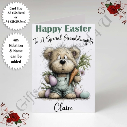 A5 or A4 Personalised Card - Happy Easter - Bear - Any Relation & Name - D.1