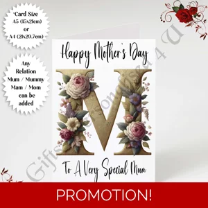 A5 or A4 Personalised Greeting Card - Initial - Happy Mother's Day - Mum Mummy etc - D.1