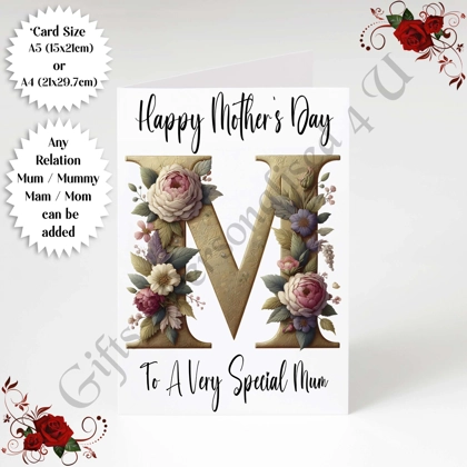 A5 or A4 Personalised Greeting Card - Initial - Happy Mother's Day - Mum Mummy etc - D.1