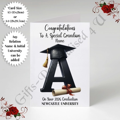 A5 or A4 Personalised Greeting Card - Graduation - Any Relation - Name - Initial - University - D.1
