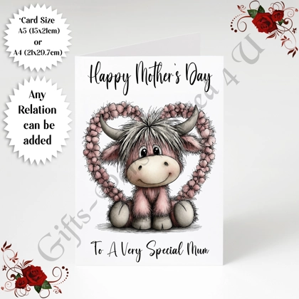 A5 or A4 Personalised Greeting Card - Highland Cow - Happy Mother's Day - Mum Mummy etc - D.20