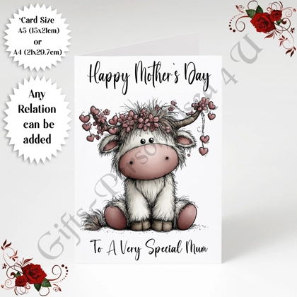 A5 or A4 Personalised Greeting Card - Highland Cow - Happy Mother's Day - Mum Mummy etc - D.21