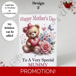 A5 or A4 Personalised Greeting Card - Cute Bear - Happy Mother's Day - Mum Mummy Grandma etc - D.2