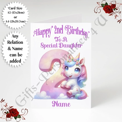 A5 or A4 Personalised Greeting Card - Unicorn - Happy 2nd Birthday - Any Relation & Name - D.2