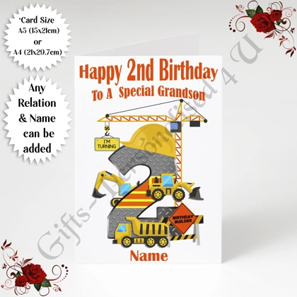 A5 or A4 Personalised Greeting Card - Construction - Happy 2nd Birthday - Any Relation & Name - D.1 A5 or A4 Personalised Greeting Card - Construction - Happy 2nd Birthday - Any Relation & Name - D.1