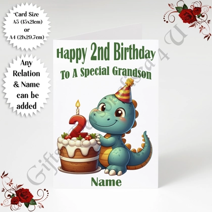 A5 or A4 Personalised Greeting Card - Dinosaur - Happy 2nd Birthday - Any Relation & Name - D.1 A5 or A4 Personalised Greeting Card - Dinosaur - Happy 2nd Birthday - Any Relation & Name - D.1