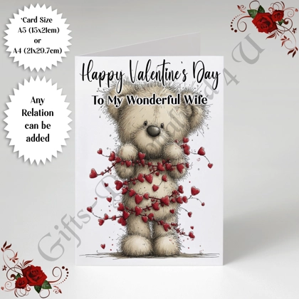 A5 or A4 Personalised Card - Happy Valentine's Day - Cute Bear - Any Relation - D.2