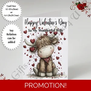 A5 or A4 Personalised Card - Happy Valentine's Day - Highland Cow - Any Relation - D.2