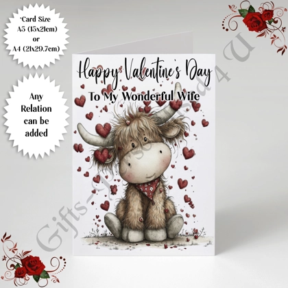 A5 or A4 Personalised Card - Happy Valentine's Day - Highland Cow - Any Relation - D.2