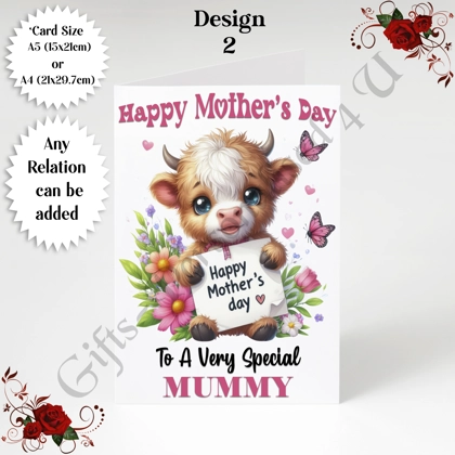 A5 or A4 Personalised Greeting Card - Highland Cow - Happy Mother's Day - Mum Mummy etc - D.2