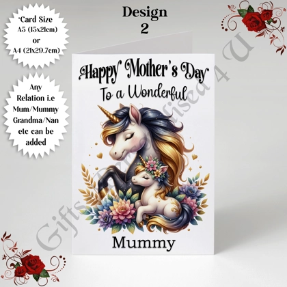 A5 or A4 Personalised Greeting Card - Unicorns - Happy Mother's Day - Mum Mummy Grandma etc - D.2
