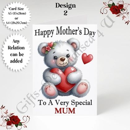 A5 or A4 Personalised Greeting Card - Bear & Hearts - Happy Mother's Day - Mum Mummy etc - D.2