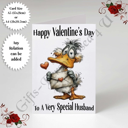 A5 or A4 Personalised Card - Happy Valentine's Day - Duck - Any Relation - D.2
