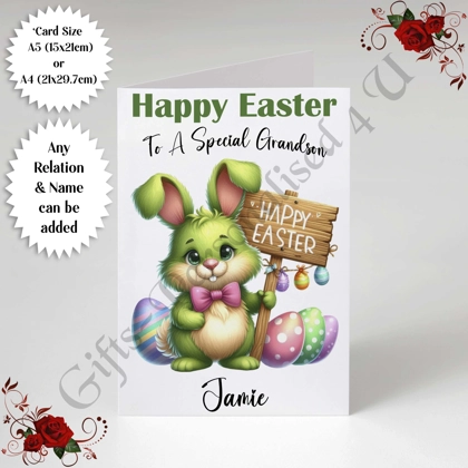 A5 or A4 Personalised Card - Happy Easter - Bunny - Any Relation & Name - D.2