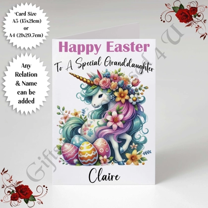 A5 or A4 Personalised Card - Happy Easter - Unicorn - Any Relation & Name - D.2