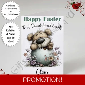 A5 or A4 Personalised Card - Happy Easter - Bear - Any Relation & Name - D.2