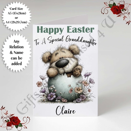 A5 or A4 Personalised Card - Happy Easter - Bear - Any Relation & Name - D.2