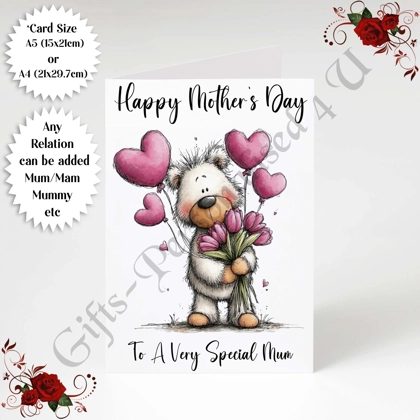 A5 or A4 Personalised Greeting Card - Cute Bear - Happy Mother's Day - Mum Mummy etc - D.2