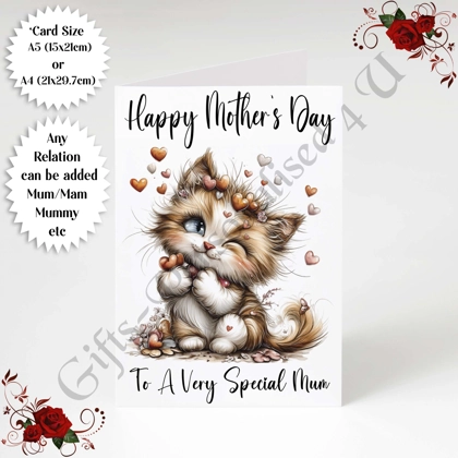 A5 or A4 Personalised Greeting Card - Cute Cat - Happy Mother's Day - Mum Mummy etc - D.2