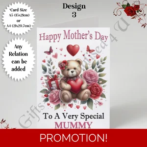 A5 or A4 Personalised Greeting Card - Cute Bear - Happy Mother's Day - Mum Mummy Grandma etc - D.3