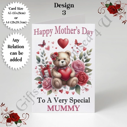 A5 or A4 Personalised Greeting Card - Cute Bear - Happy Mother's Day - Mum Mummy Grandma etc - D.3 A5 or A4 Personalised Greeting Card - Cute Bear - Happy Mother's Day - Mum Mummy Grandma etc - D.3