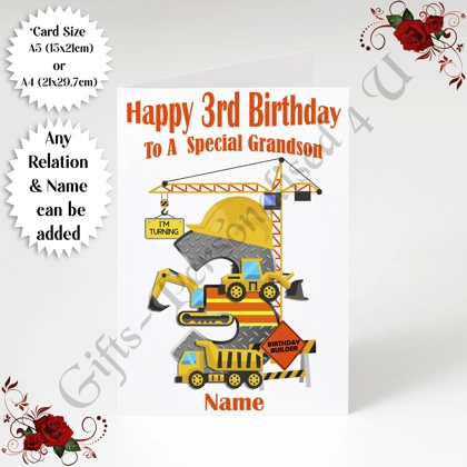 A5 or A4 Personalised Greeting Card - Construction - Happy 3rd Birthday - Any Relation & Name - D.1 A5 or A4 Personalised Greeting Card - Construction - Happy 3rd Birthday - Any Relation & Name - D.1
