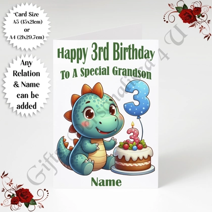 A5 or A4 Personalised Greeting Card - Dinosaur - Happy 3rd Birthday - Any Relation & Name - D.1 A5 or A4 Personalised Greeting Card - Dinosaur - Happy 3rd Birthday - Any Relation & Name - D.1