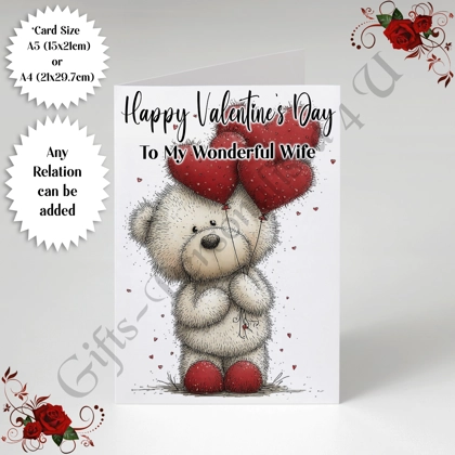 A5 or A4 Personalised Card - Happy Valentine's Day - Cute Bear - Any Relation - D.3