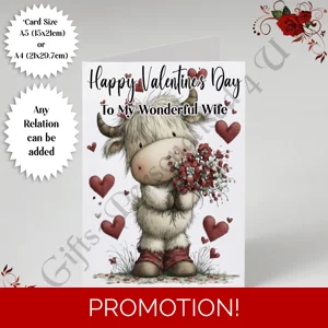 A5 or A4 Personalised Card - Happy Valentine's Day - Highland Cow - Any Relation - D.3