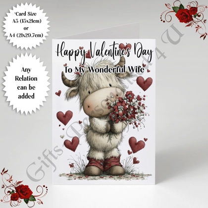 A5 or A4 Personalised Card - Happy Valentine's Day - Highland Cow - Any Relation - D.3