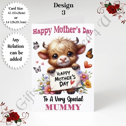 A5 or A4 Personalised Greeting Card - Highland Cow - Happy Mother's Day - Mum Mummy etc - D.3
