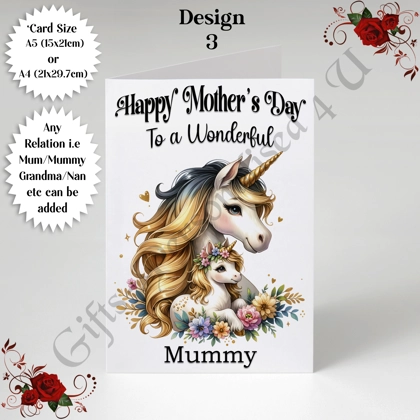 A5 or A4 Personalised Greeting Card - Unicorns - Happy Mother's Day - Mum Mummy Grandma etc - D.3