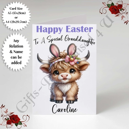 A5 or A4 Personalised Card - Happy Easter - Cow - Any Relation & Name - D.3