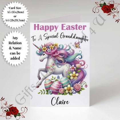 A5 or A4 Personalised Card - Happy Easter - Unicorn - Any Relation & Name - D.4
