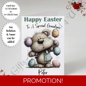 A5 or A4 Personalised Card - Happy Easter - Bear - Any Relation & Name - D.3