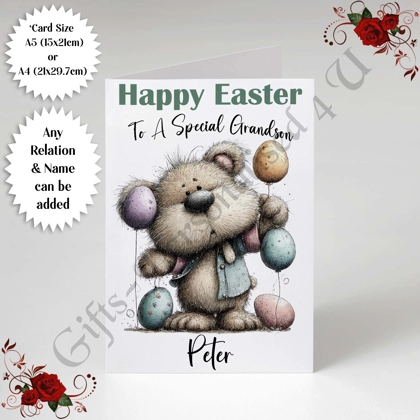 A5 or A4 Personalised Card - Happy Easter - Bear - Any Relation & Name - D.3