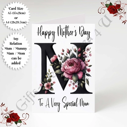 A5 or A4 Personalised Greeting Card - Initial - Happy Mother's Day - Mum Mummy etc - D.3
