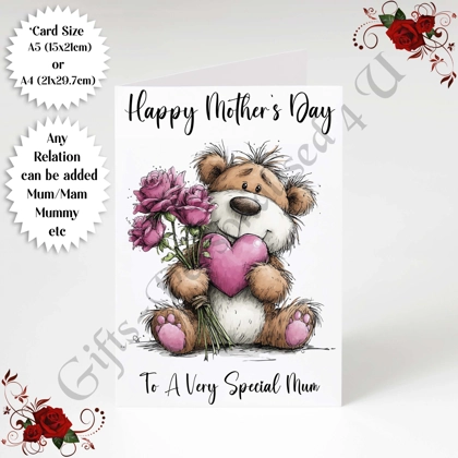 A5 or A4 Personalised Greeting Card - Cute Bear - Happy Mother's Day - Mum Mummy etc - D.3