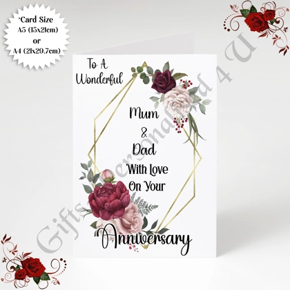 A5 or A4 Personalised Greeting Card - Anniversary - Mum & Dad - D.3