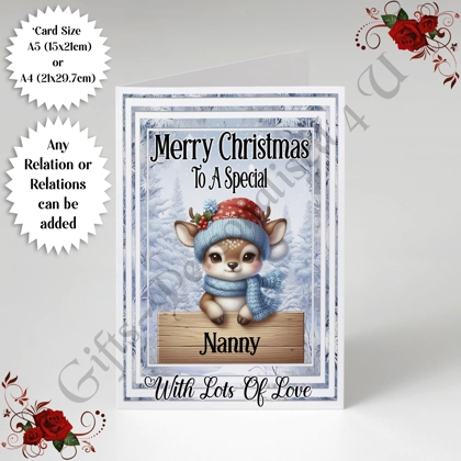 A5 or A4 Personalised Card - Merry Christmas - Reindeer - Any Relations - D.486