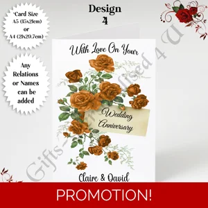 A5 or A4 Personalised Greeting Card - Wedding Anniversary - Any Relations or Names - D.4