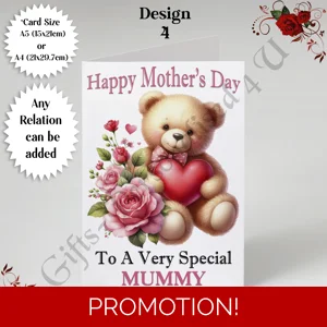 A5 or A4 Personalised Greeting Card - Cute Bear - Happy Mother's Day - Mum Mummy Grandma etc - D.4