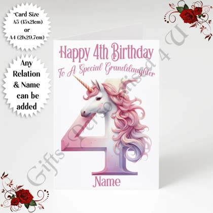 A5 or A4 Personalised Greeting Card - Unicorn - Happy 4th Birthday - Any Relation & Name - D.3 A5 or A4 Personalised Greeting Card - Unicorn - Happy 4th Birthday - Any Relation & Name - D.3