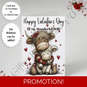 A5 or A4 Personalised Card - Happy Valentine's Day - Highland Cow - Any Relation - D.4