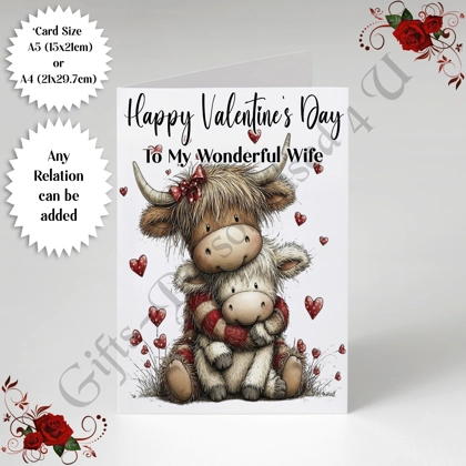 A5 or A4 Personalised Card - Happy Valentine's Day - Highland Cow - Any Relation - D.4
