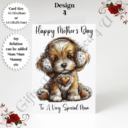 A5 or A4 Personalised Greeting Card - Dog & Hearts - Happy Mother's Day - Mum Mummy etc - D.4
