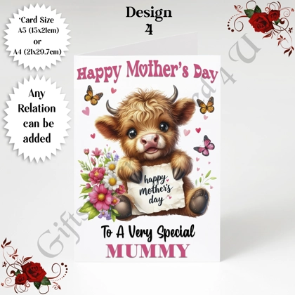 A5 or A4 Personalised Greeting Card - Highland Cow - Happy Mother's Day - Mum Mummy etc - D.4