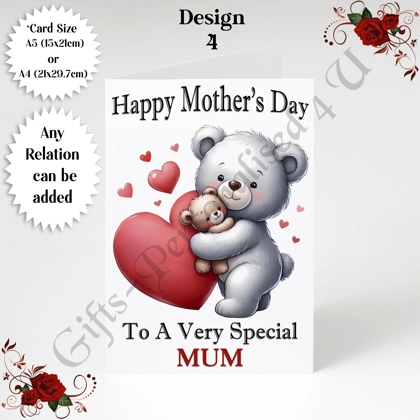 A5 or A4 Personalised Greeting Card - Bear & Hearts - Happy Mother's Day - Mum Mummy etc - D.4